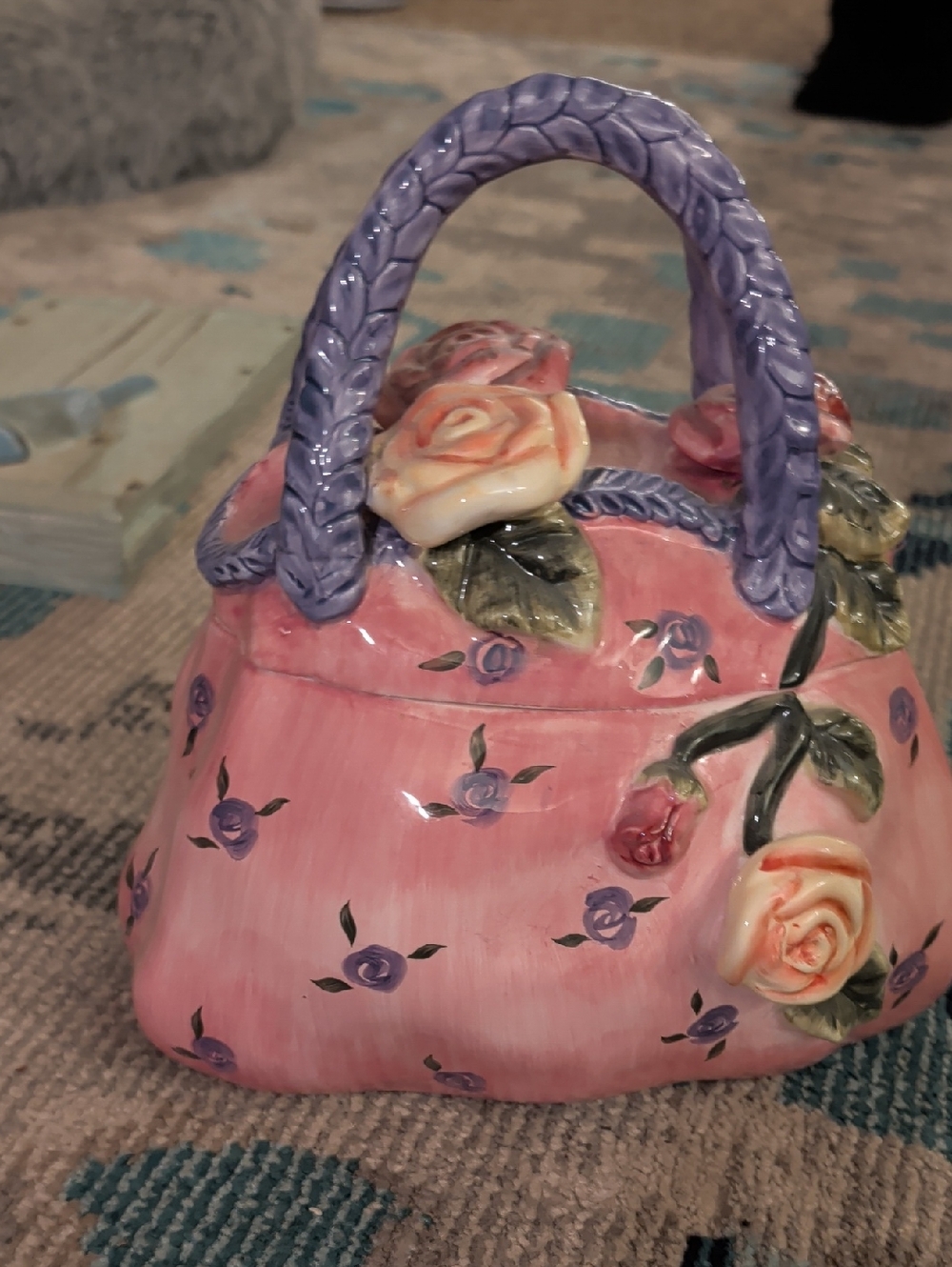 Pink Floral Mini Bag Trinket Box with Purple Handles